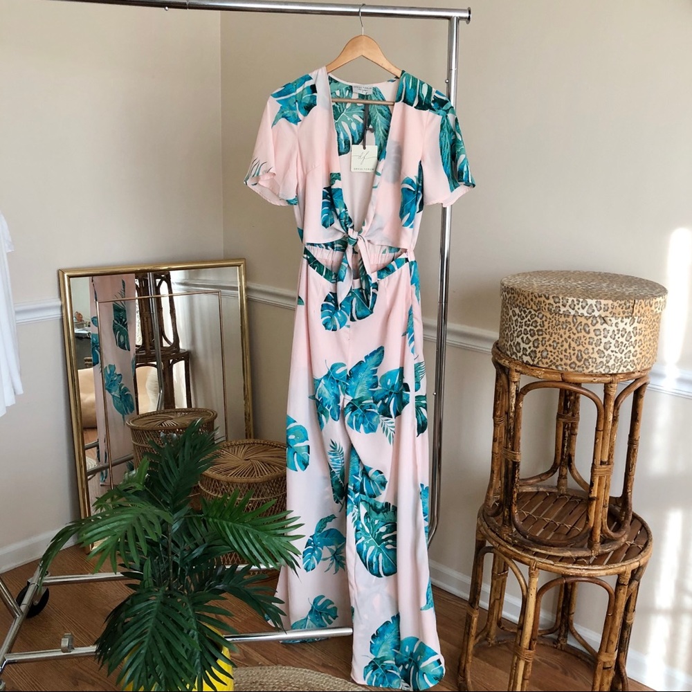 Dress Forum Pink and Green Leaf Print Jumpsuit